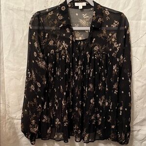 LC Lauren Conrad Black Sheer Floral Pleated Blouse